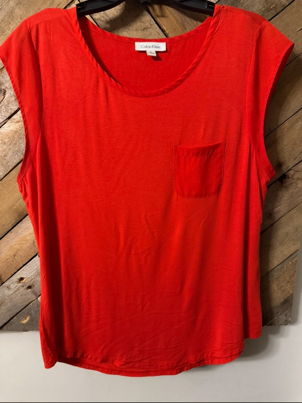 Calvin Klein Bright Orange Red Sleeveless Scoop Pocket Tank